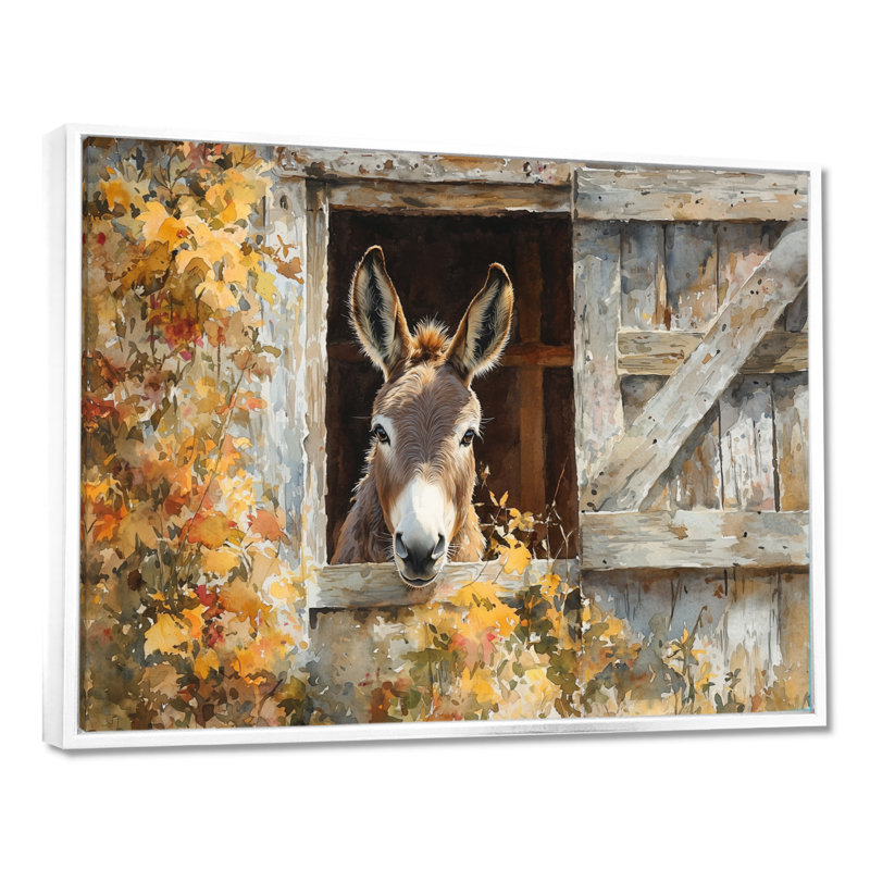 Donkey S Path Tot Hye Barn I - Donkey Large, art mural, H 34 po x l 44 po, Impression encadrée flottante, Blanc