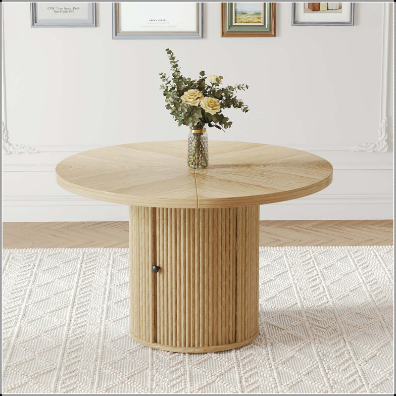 Table de salle à manger ronde en bois avec piédestal à colonne romaine et rangement