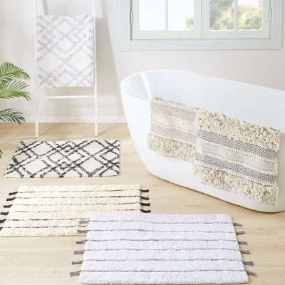 Tapis pour salle de bain 20 x 32 po à rayures naturelles tissées, envers antidérapant, lavable à la machine, texture à poils longs doux 20 x 32 po, couleur naturelle, texturé, style