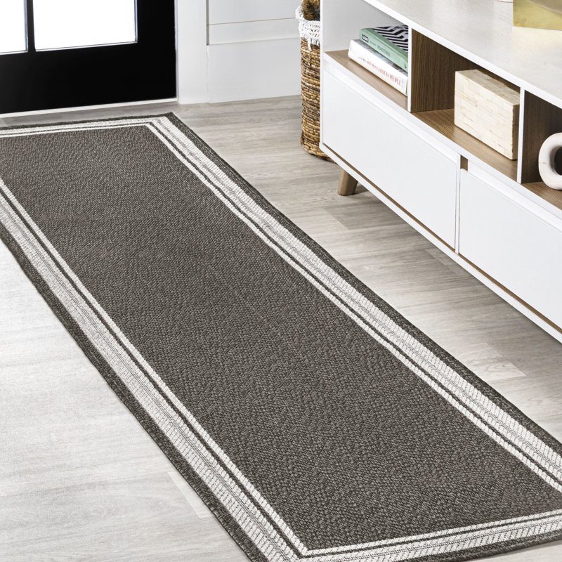 Helki Modern Border Stripe Black/Cream Indoor/Outdoor Rug, Runner 2' x 8'