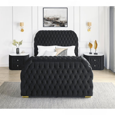 Luxurious Queen Size 3Pc Bed Set Comfort Innovative Design Bed Deeply Tufted Headboard Upholstered Black Velvet Television Lift Built-In Electric Fireplace Bedroom Furniture 1X Bed 2X Nightstands