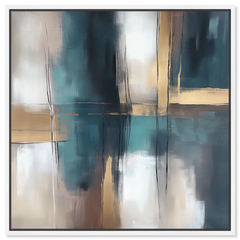 Art Remède abstrait avec reflets sur toile dorée en sarcelle et ocre II, H 25 po x l 25 po x P 1,8 po, Noir, noir, noir, noir