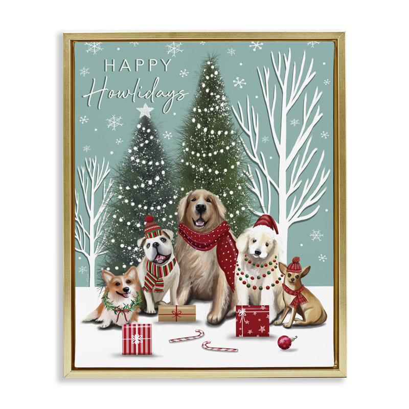 Cadre flottant Festive Winter Dogs Scene, conception par Elizabeth Tyndall, H 31 po x l 25 po, Cadre flottant métallique doré