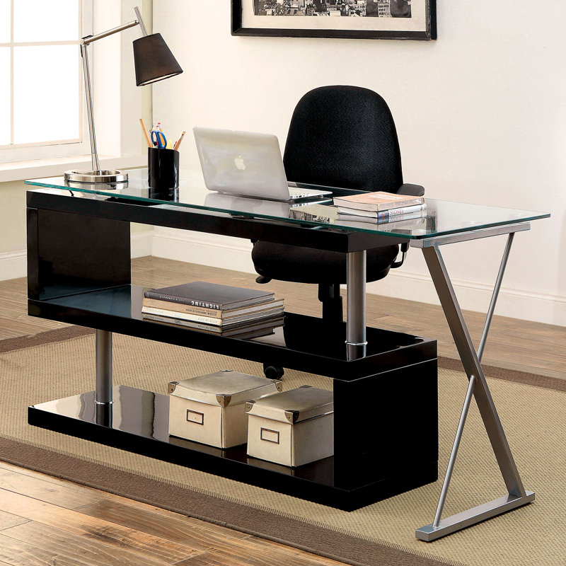 Folden L-Shaped Glass Top Computer Desk, Black