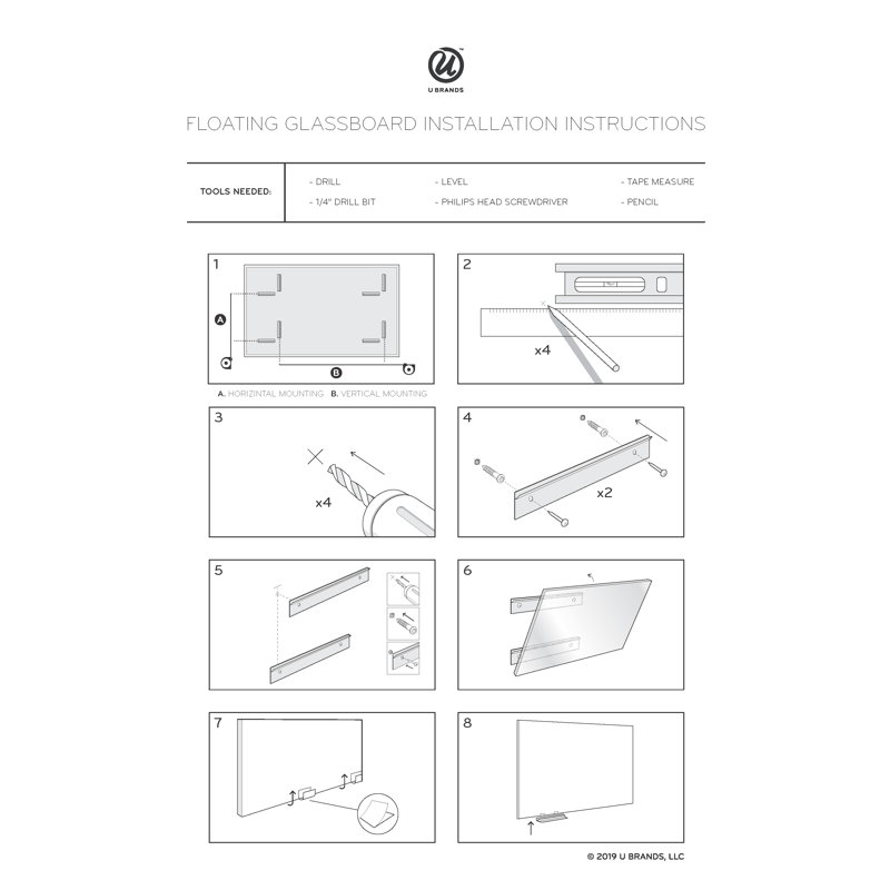 Panneau de verre à fixation murale flottante à l’effacement à sec, H 3 pi 92 po x L 5 pi 84 po