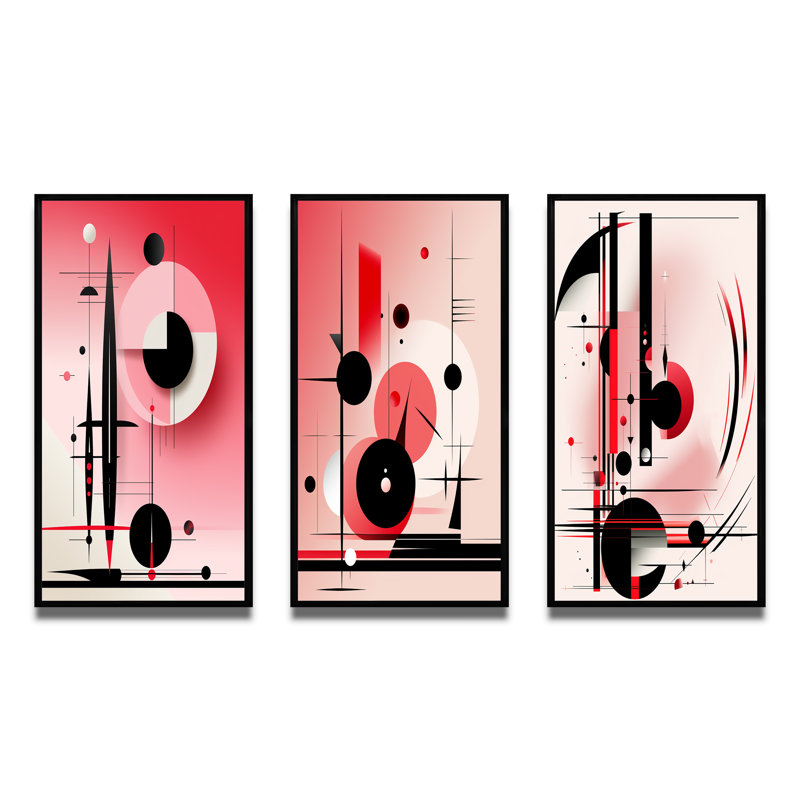 «In The Know Circular Geometrics Black and Pink», 3 pièces sur toile, Cadre flottant noir, H 32 po x l 48 po