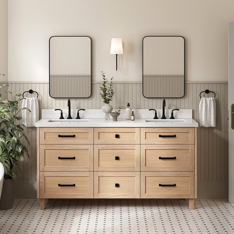 Ariel Monroe 67 Inch Double Rectangular Sink Bathroom Vanity With Quartz Countertop, Oak