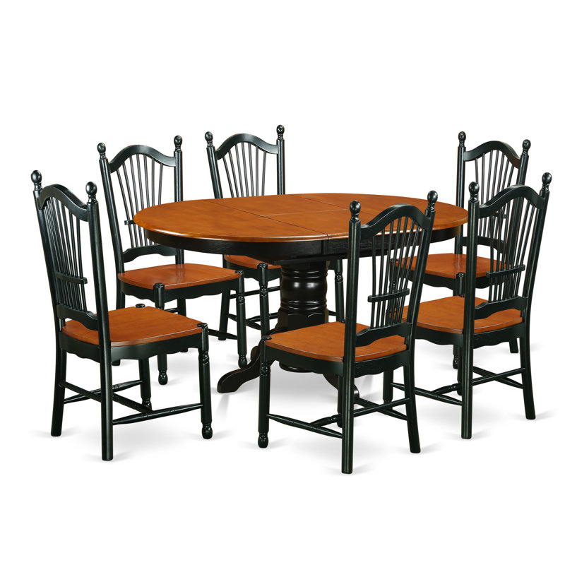 Ensemble de table de salle à manger 7 pièces composé d'une table de cuisine ovale avec rallonge papillon et 6 chaises, noir et cerise