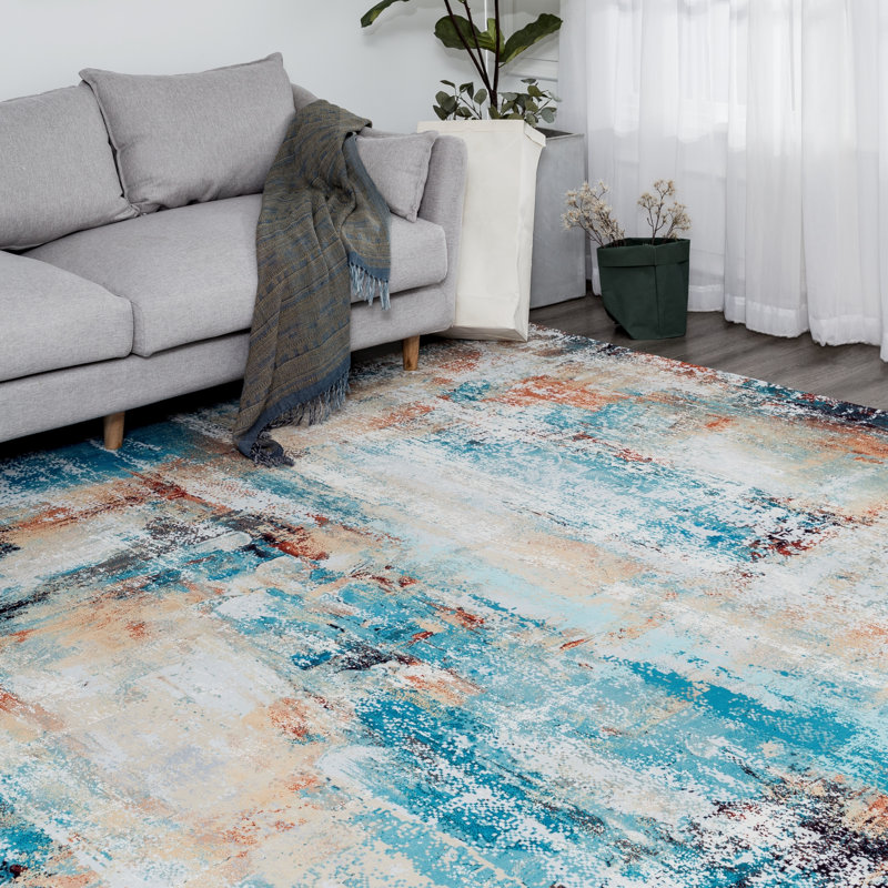 Abstract Area Rug in Blue, Rectangle 5'6" x 8'6"