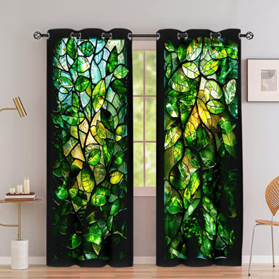 2Pcs rideaux occultants avec œillets, rideaux à motif de vitrail vert éclatant, isolation thermique, réduction du bruit et protection de la vie privée, obscurcissement de la chambre à coucher