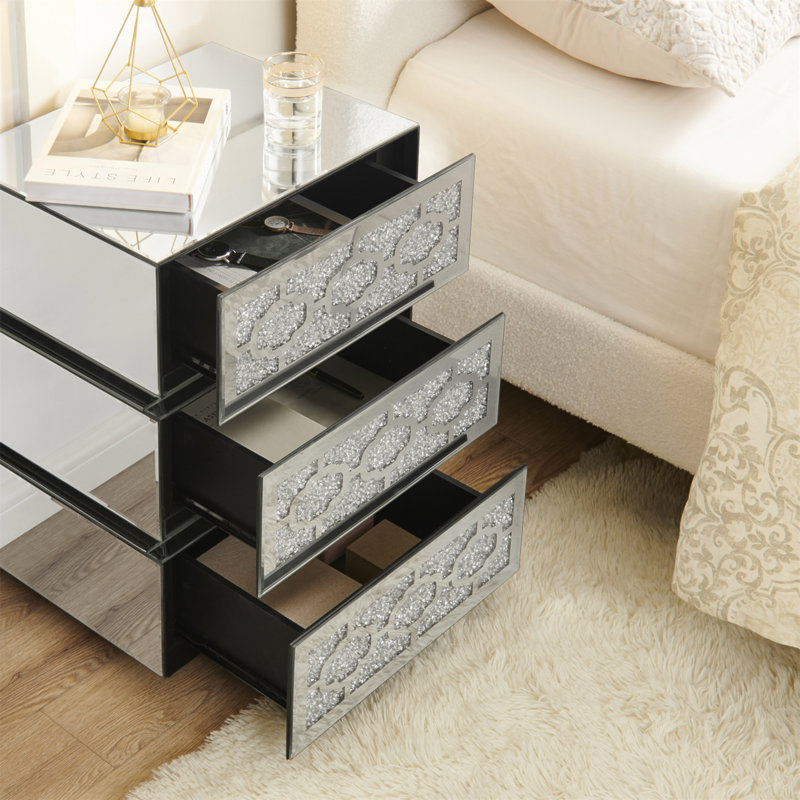 Table de chevet avec miroir, table d'appoint moderne à 3 tiroirs, table de bout décorative argentée avec diamants broyés pour la chambre à coucher, le dortoir et le salon, l 17,7 po x P 13,8 po x H 23,6 po