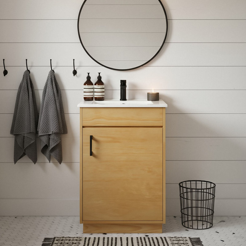 Meuble-lavabo simple de 20 po avec lavabo en céramique, armoire de rangement avec 1 porte à fermeture en douceur et tablette réglable