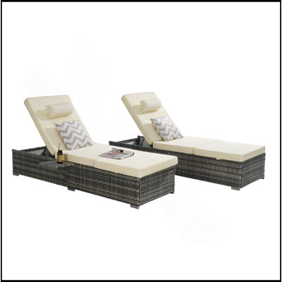 Outdoor Chaise Lounge Chair Set Of 2 With Storage Patio Pool Chairs Tanning Lounges For Outside,Beach Rattan Recliners With Adjustable Backrest, Table, Cushion For Poolside Backyard Garden