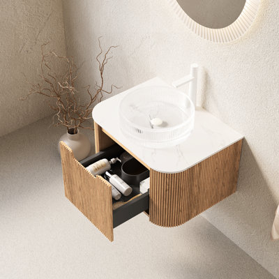 Meuble-lavabo de 61 cm (24 po) avec lavabo en verre blanc transparent, rangement en contreplaqué, système de fermeture amortie, design moderne suspendu à rayures artistiques 3D, grand espace de rangement