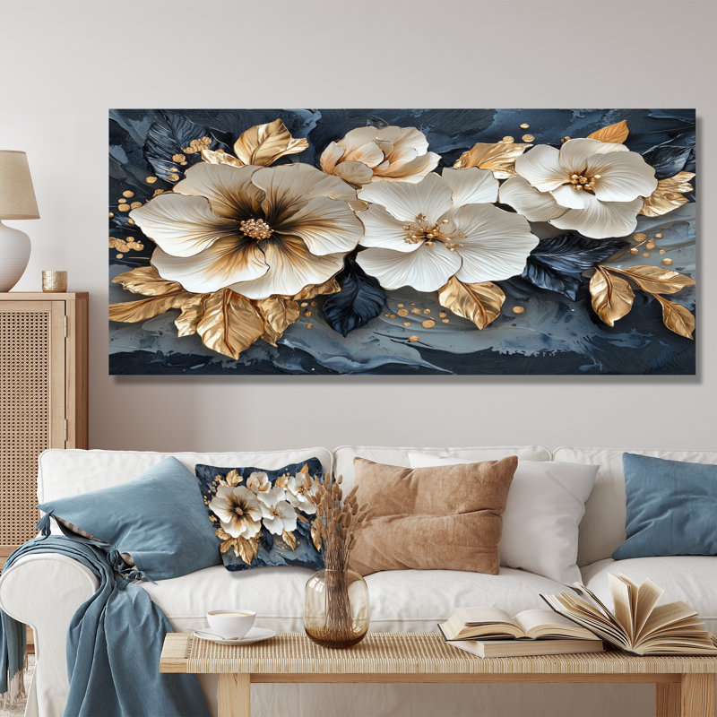 Goldem hibiscus liquide Art Harmony III - Hibiscus métal, impression sur métal traditionnelle, H 28 po x l 60 po