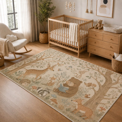 "Ultra Thin" 5' x 7'Woodland Forest Friends Area Rug, Soft Low Pile Indoor Rug with Non-Slip Silicone Backing, Storybook Nursery Carpet for Kids Room, Playroom, Kids and Pets, Beige Green