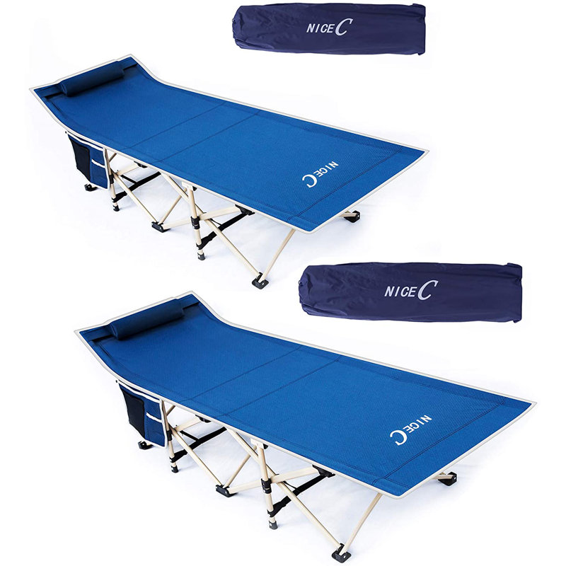 MUKE Extra Wide Folding Camping Cots for Adults – Holds 500 lbs, w/ Pillow, Bag & Pocket (Set of 2, Grey), Blue