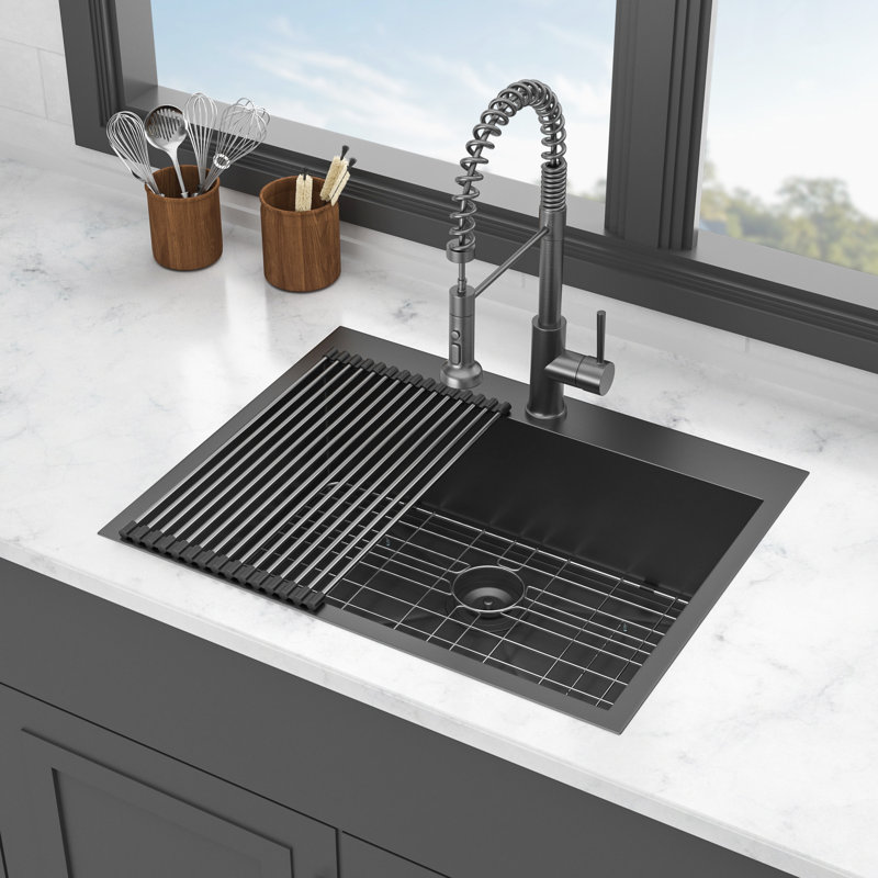 Gunmetal Black Kitchen Sink 25X22 - 18 Gauge Stainless Steel, Drop-In Topmount, Smooth Drainage And Fingerprint- With R10 Design Black, Reduced Noise Pad Drain Assembly