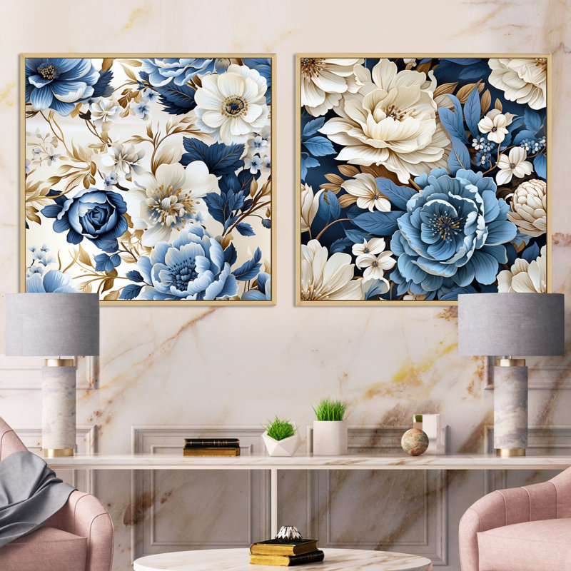 Plemons - Ensemble de 2 collages floraux carrés, H 16 po x l 33 po, Cadre flottant brun
