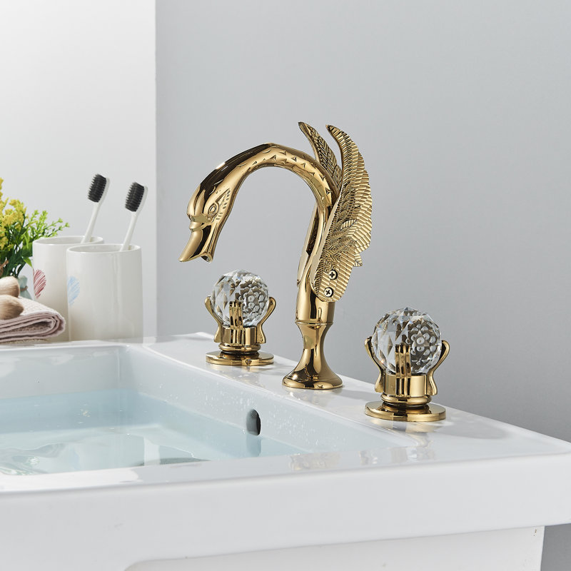 Ornate Swan Style Bathroom Sink Faucet Combo Deck Mount Sink Mixer Tap Set Hot Cold Water Vessel Sink Faucet 2-handle, Gold