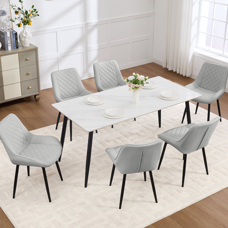 Faux Leather Upholstered Metal Dining Chair, Light Gray, 6