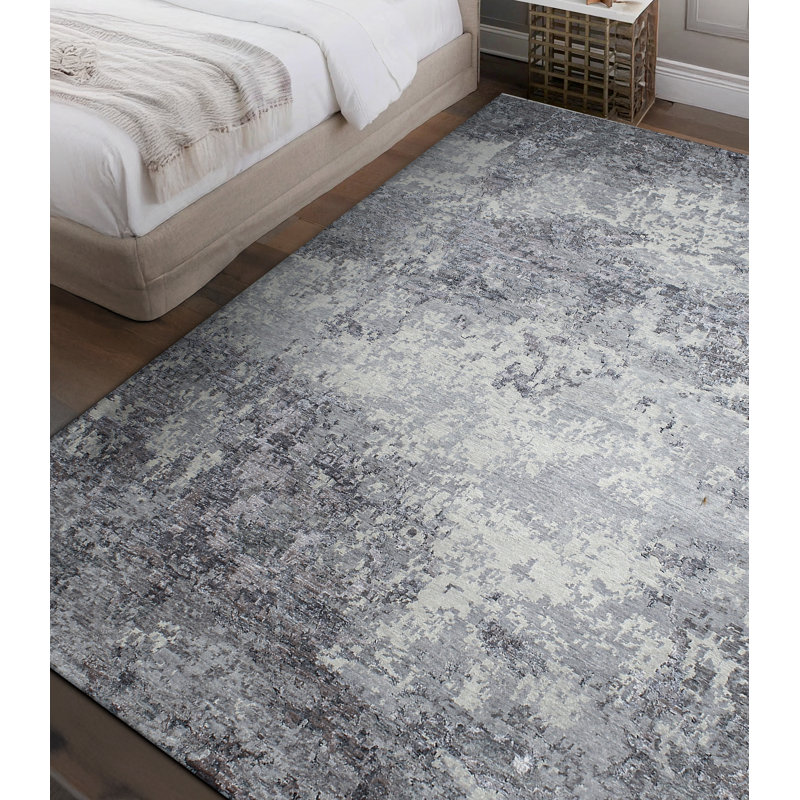 Tapis gris foncé et argent noué à la main de haute qualité