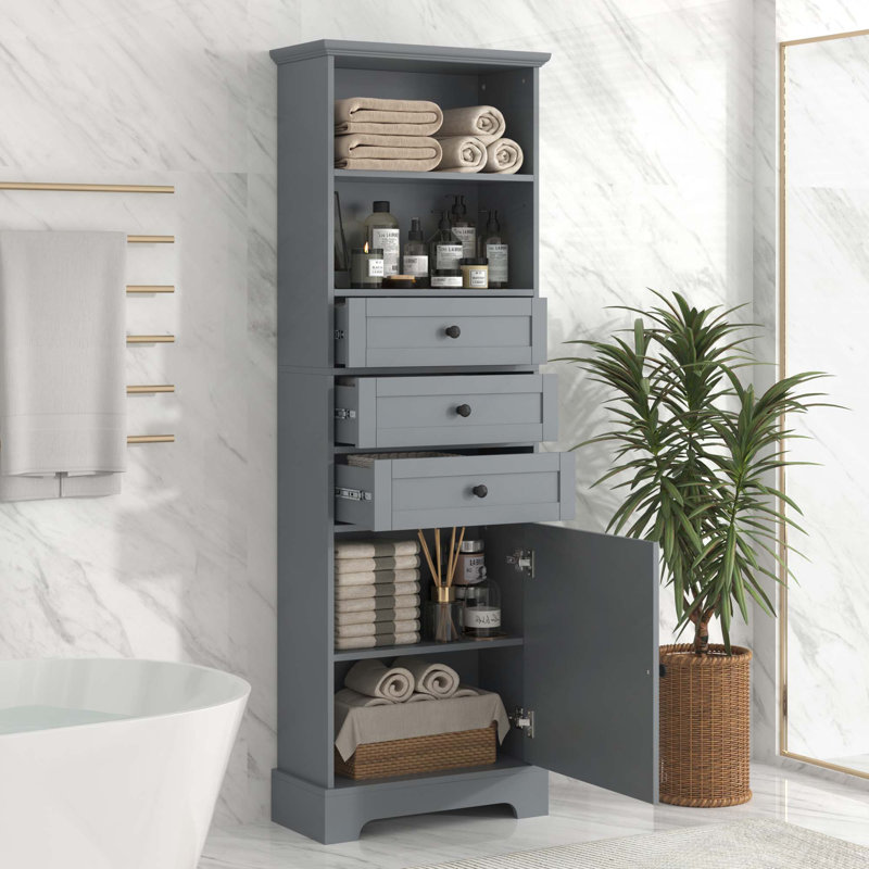 Modern MDF Board Tall Storage Cabinet With 3 Drawers And Adjustable Shelves For Bathroom, Study, Office, Gray
