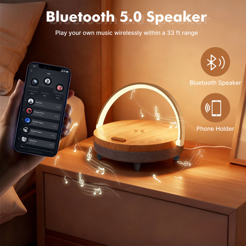 6-in-1 Bedside Table Lamp with Wireless Charger, Bluetooth Speaker, White Noise Machine & Phone Stand, Natural Wood Grain