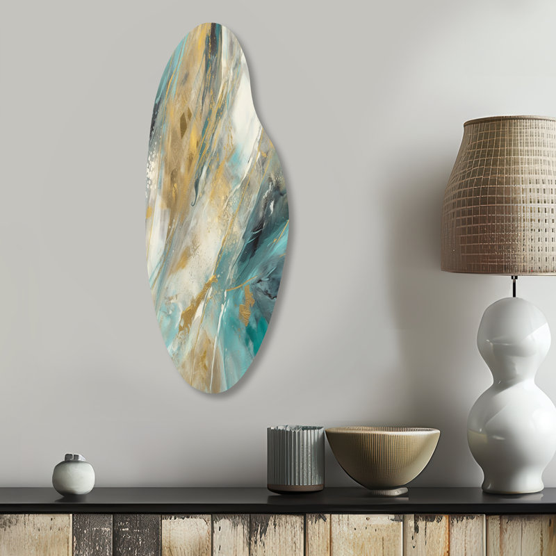 «Golden Hour In Turquoise Waves IV», art mural asymétrique en métal, H 30 po x l 11 po