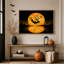 Toile d'Halloween orange pleine lune avec silhouette de chauves-souris sur le lac-761365333