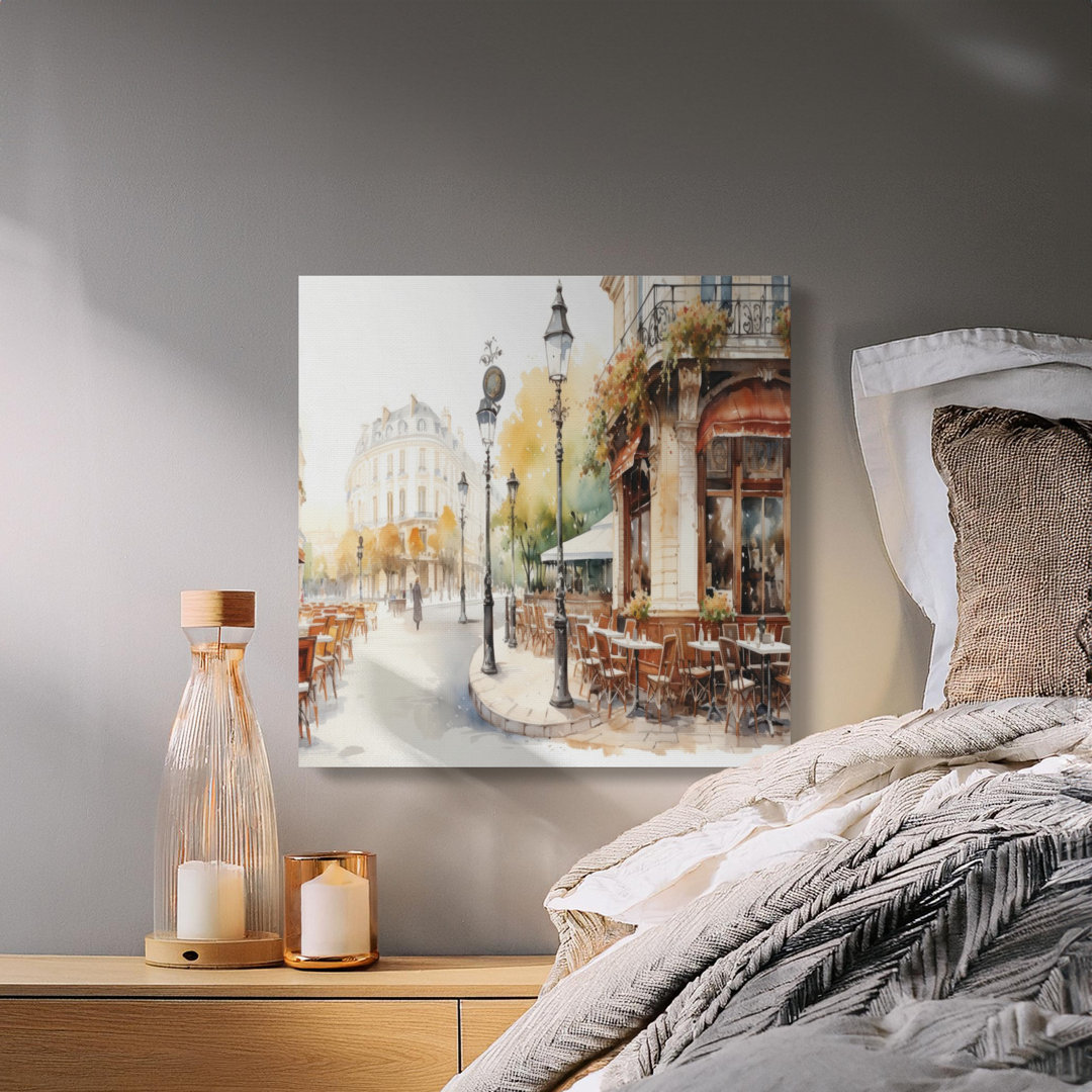 Parisian Cafe Watercolor Art Canvas Print, European Street Scene Wall Decor, Romantic Cityscape Art, Cozy Home Decor Gift