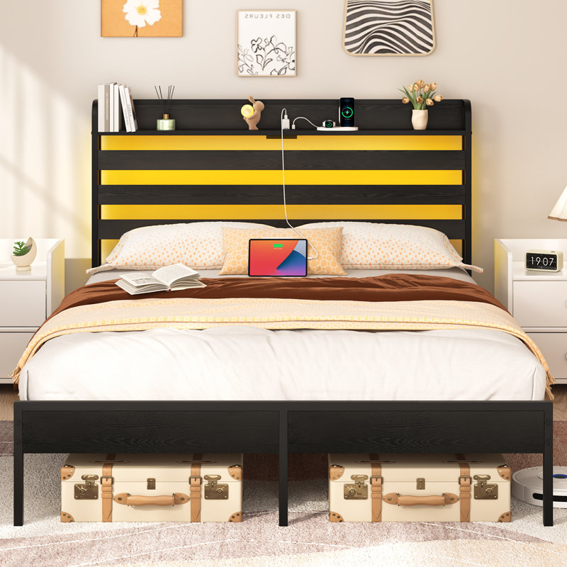 Cadre de grand lit avec port USB et DEL, cadre de grand lit standard avec tête de lit, noir, Grand lit, Noir