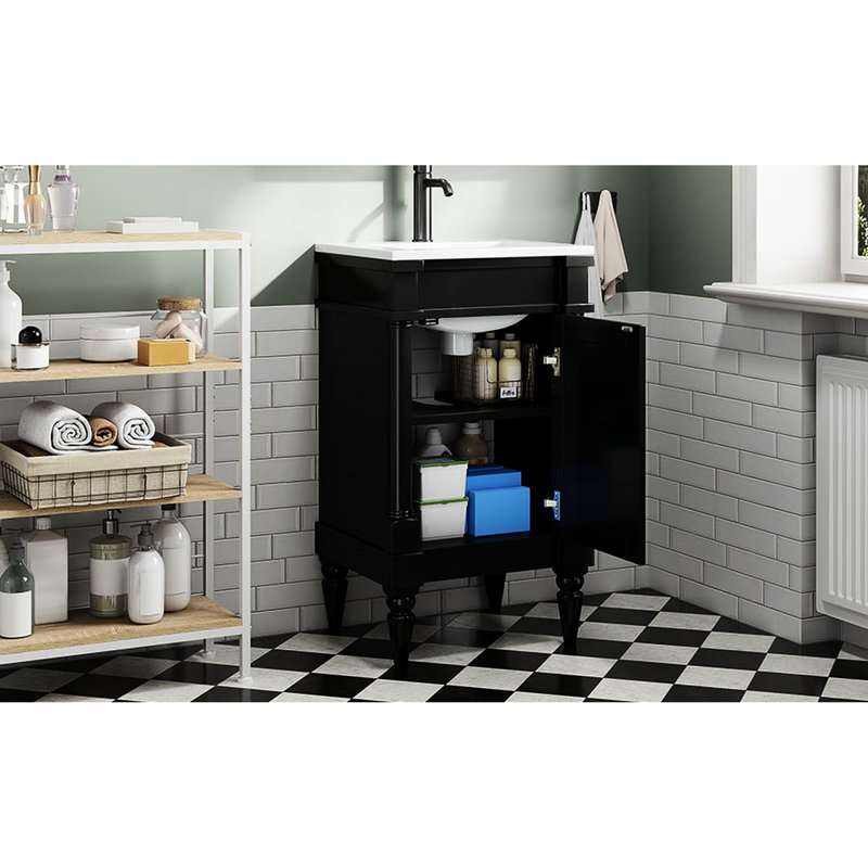 Meuble-lavabo de salle de bain moderne - noir, rétro, compact, assemblé, lavabo en céramique avec trou de déversement, armoire 18 po, design rétro noir, construction, rangement spacieux, pour les petites salles de bain