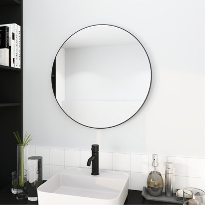 Miroir de salle de bain 24 "avec cadre en alliage d'aluminium noir et verre rond rond transparent