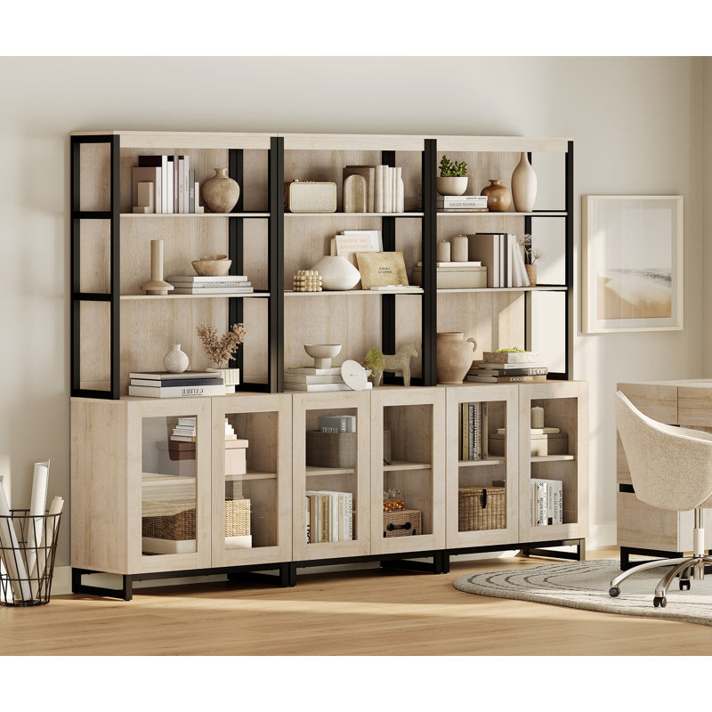  Ensemble de bureau personnel: bureau moderne de 59 po avec station de charge et armoire de rangement, trois bibliothèques de 72 po de hauteur avec tablettes réglables, bureau d'ordinateur en bois et armoire de rangement pour bibliothèque