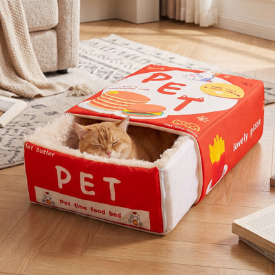 Cat Bed, Snack Box Pet Bed Cartoon Rectangular Fully Enclosed Four Season Universal Multifunctional Soft Pet Bed For Home Travel Red