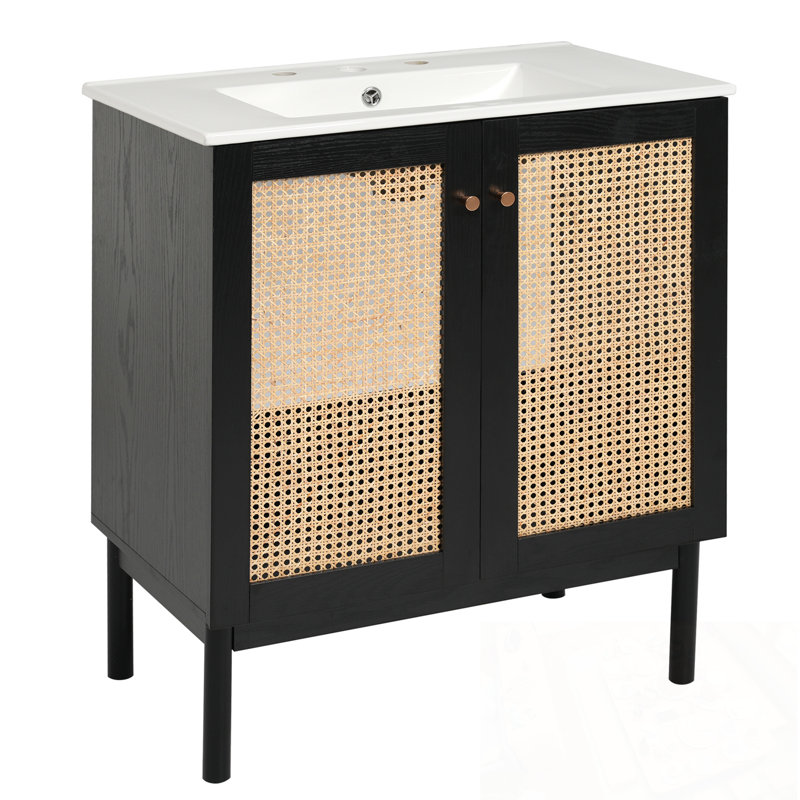 Meuble-lavabo avec lavabo, 2 portes et poignées en métal, Black