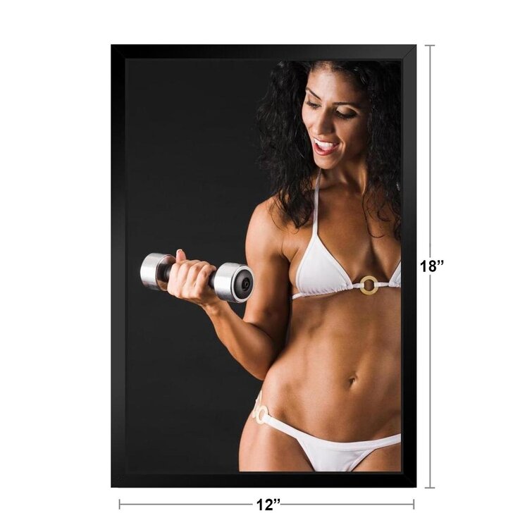 Latitude Run® Female Body Builder Doing Biceps Curls Photo Art Print Black  Wood Framed Poster 14X20