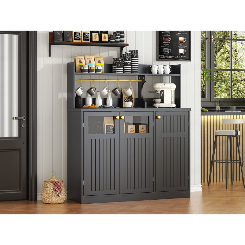 48'' Tall Buffet Sideboard Cabinet with 3 Doors and 5-Tier Shelf, Buffet Table Coffee Bar Wine Bar Storage Cabinet with Hooks for Dining Room, Living Room (Black)