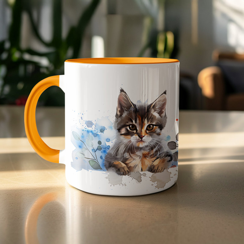 Cat Design 11oz Accent Mug – Ceramic Coffee Cup with Colored Handle and Interior, 1, Orange