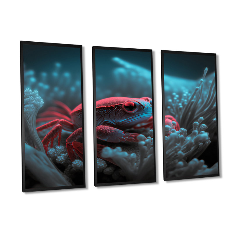 Crabe rouge dans des tons de noir et de bleu III - 3 pièces sur toile, H 28 po x l 36 po x P 1 po