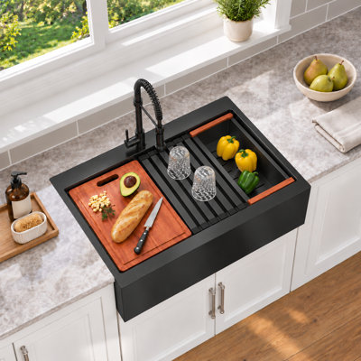  Évier de cuisine à tablier frontal en acier inoxydable de calibre 16 avec tablier frontal L 30 po x l 22 po avec accessoires