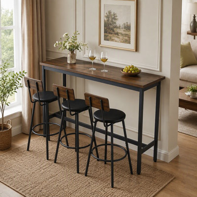 Bar Table and Chairs Set for 3, 4 Piece Industrial Dining Table Set with 3 PU Upholstered Bar Stools, Bar Table Set for Kitchen, Dining Room, Living Room, Bar, Cafe, Small Space Corner, Rustic Brown