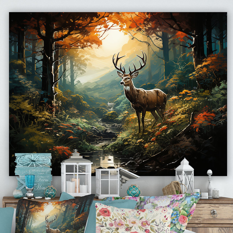 Vert et brun, cerf dans la forêt, impression d'art animalier mural, Toile tendue, H 24 po x l 32 po x P 1 po