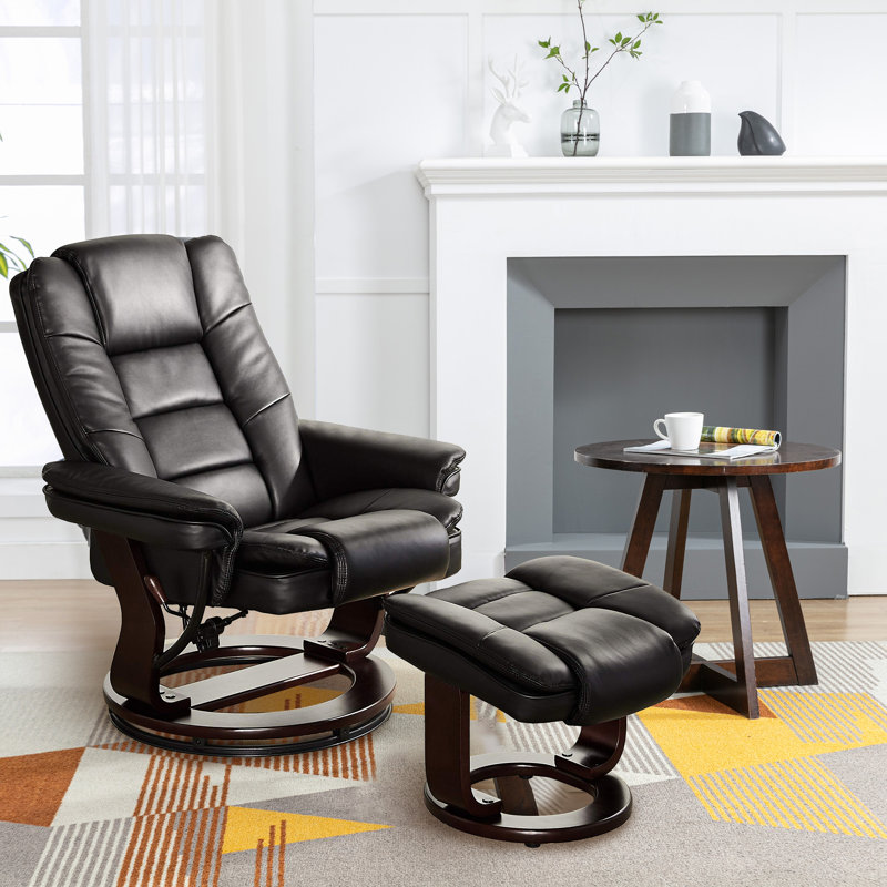 32" Contemporary Leather Recliner and Ottoman with Swiveling Mahogany Wood Base, Black