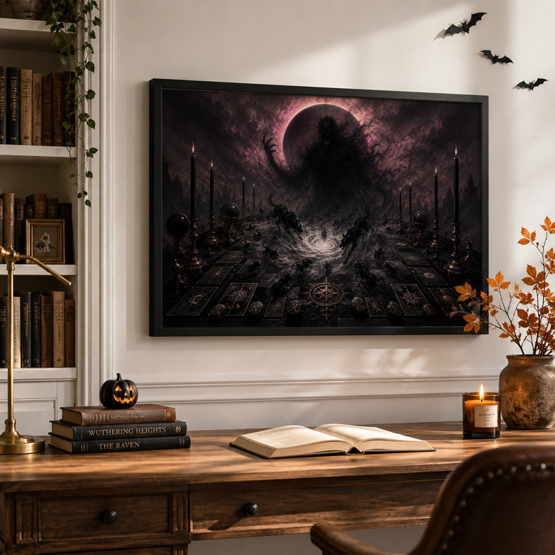 Démon ténébreux au-dessus d'une table de rituel sombre avec une toile murale noire d'Halloween, H 12 po x l 18 po