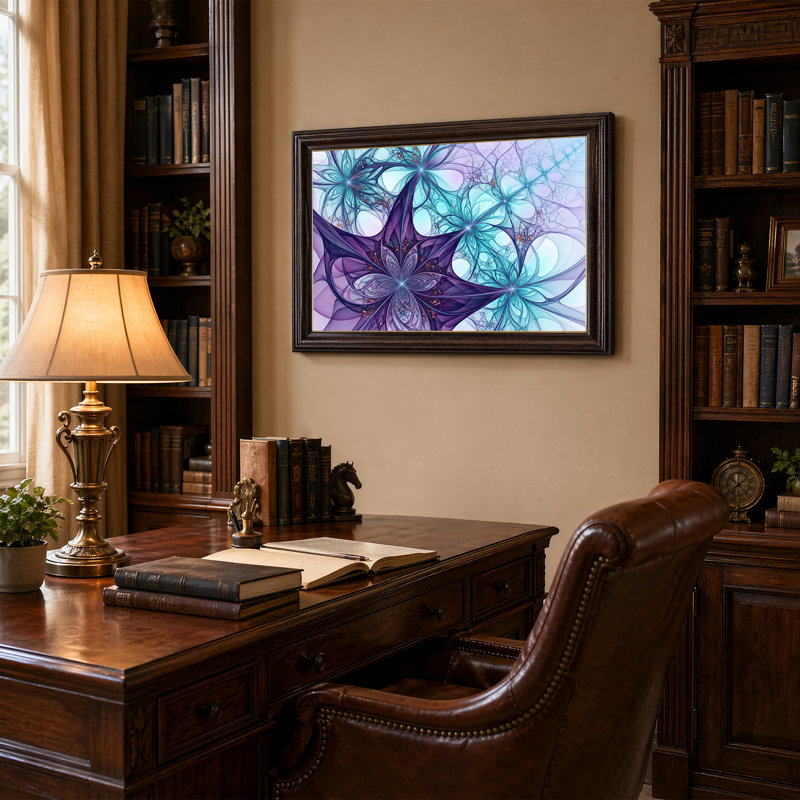 Art mural sur toile à motif floral fractal mauve et bleu sarcelle, 12"H x 18"W