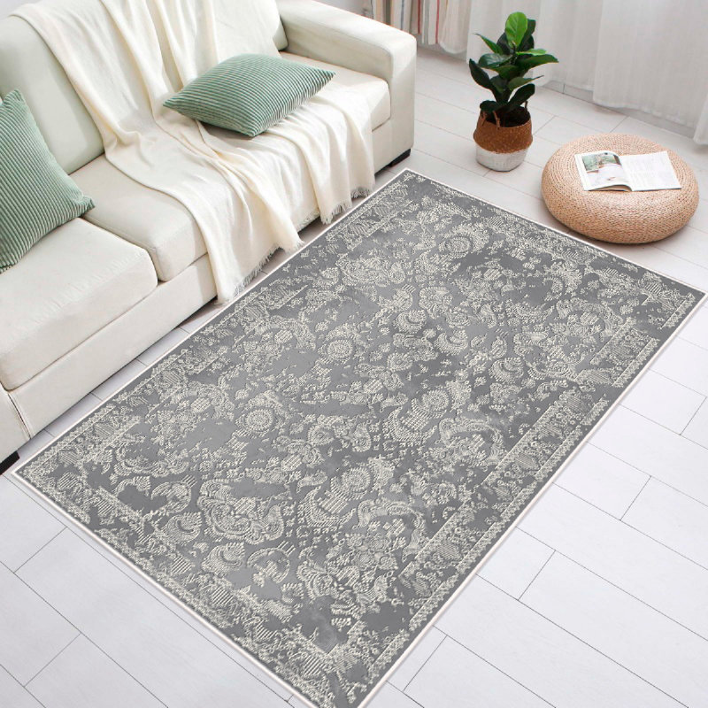 Stylish Machine Washable Carpet, 100% Cotton, 4.6 x 9.8 ft | Antibacterial, Non-Slip PVC Underside, 0.3 in Pile Height | Dark Grey & White Color | Durable Dot Base for Home & Office Use, Easy Care