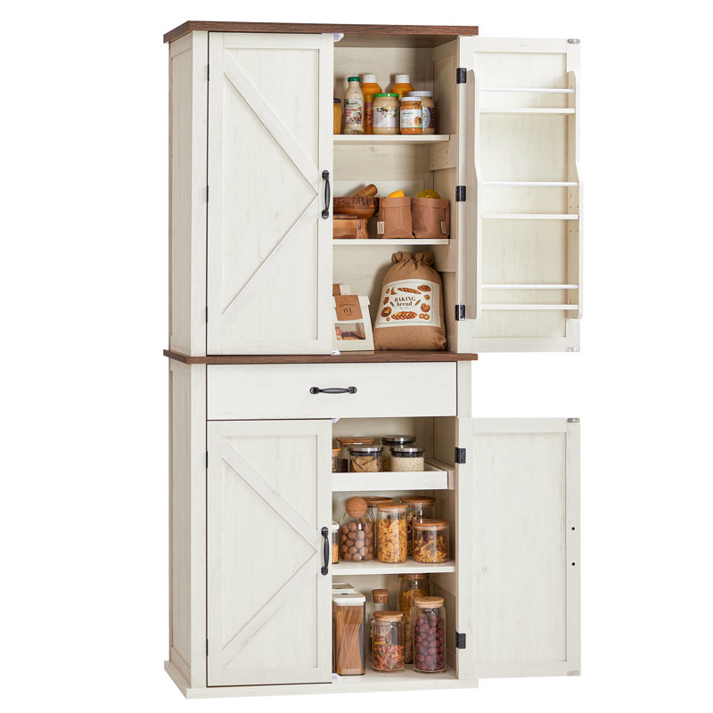 Farmhouse Pantry Cabinet, 70.3" Tall Kitchen Storage Cabinet with Barn Doors, Drawer, Tray, Adjustable Shelves, Rustic White