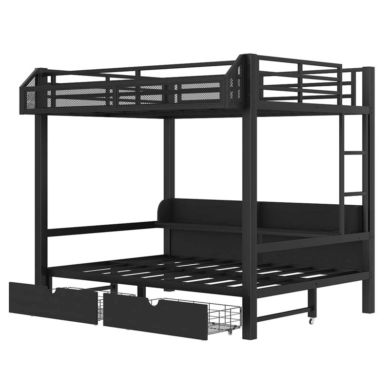 Lits superposés multifonctionnels avec ports USB et lumières DEL, lit superposé en métal avec rangement, Noir